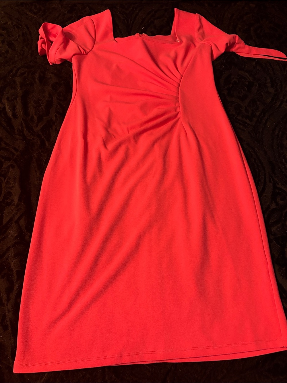 Shelby & Palmer Bright Coral Ruched-Side Midi Dress